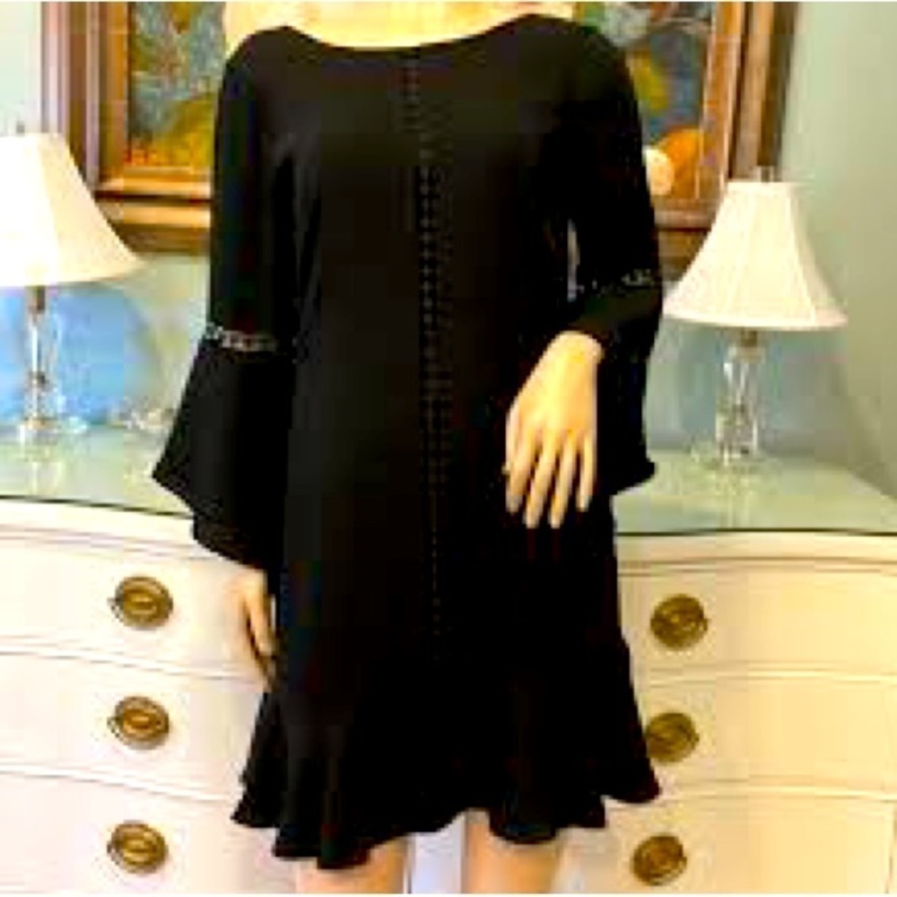 WHBM Size 8 Black Cocktail MIDI Dress w/Bell Sleeves